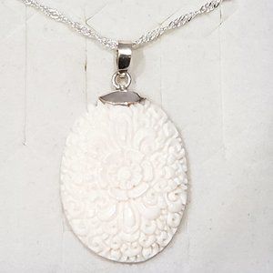 Bali inspired carved floral pendant & chain in 925 Sterling Silver 22" long
